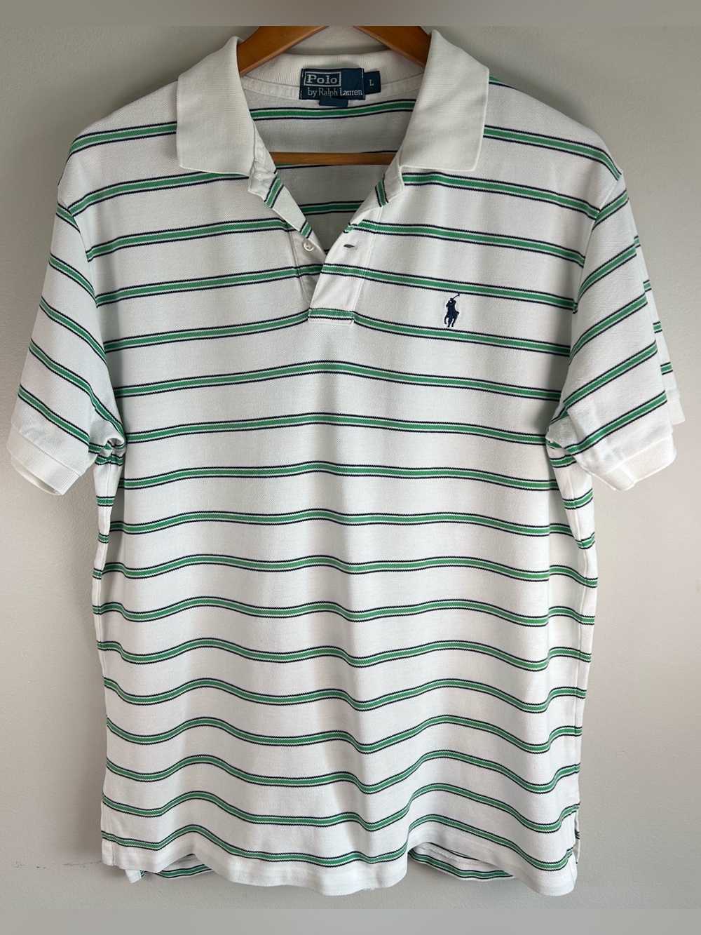 Polo Ralph Lauren Mens Polo Shirt L White Blue Green Stripes 100% Cotton VTG EUC